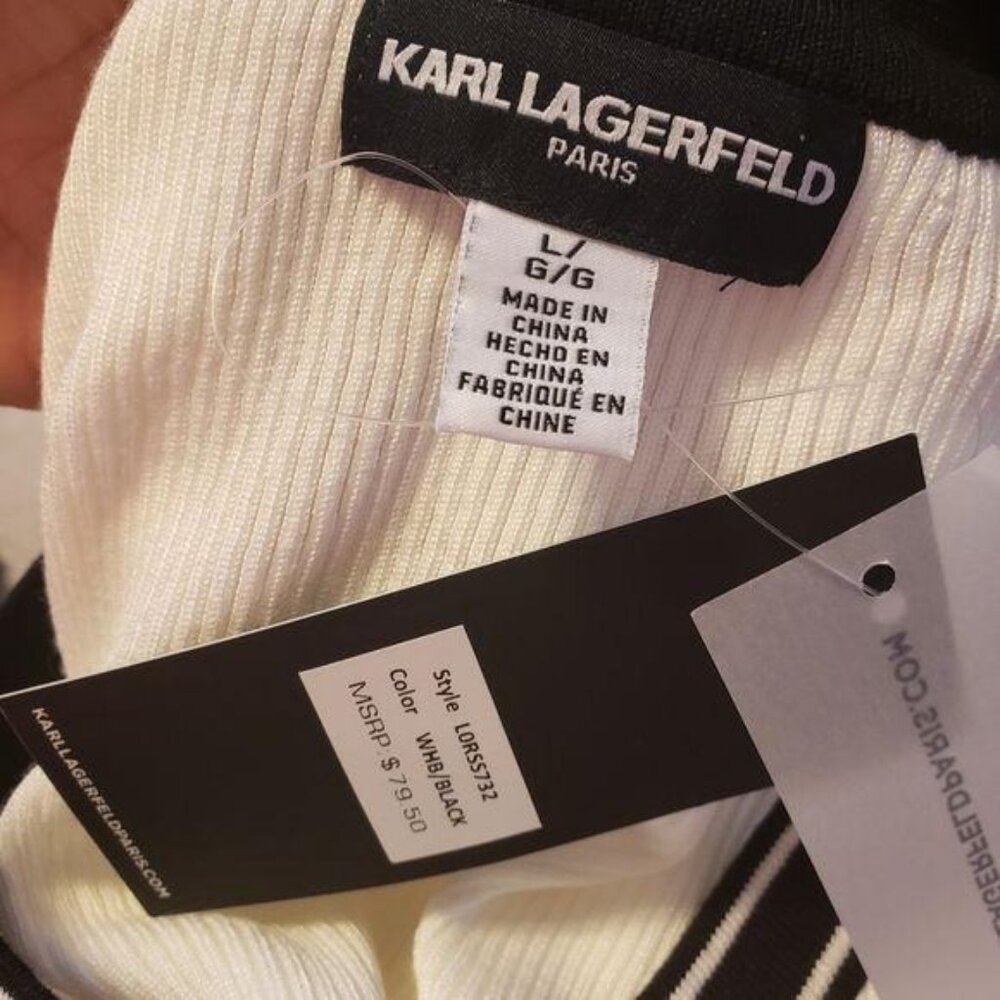 Karl Lagerfeld Paris NWT White & Black Knit Short-Sleeve Top Ribbed Trim Detail - Picture 2 of 12
